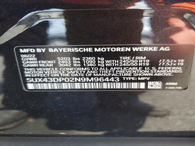 Aukcja sprzedaży 2022 Bmw X3, vin: 5UX43DP02N9M96443, numer aukcji: 59127866