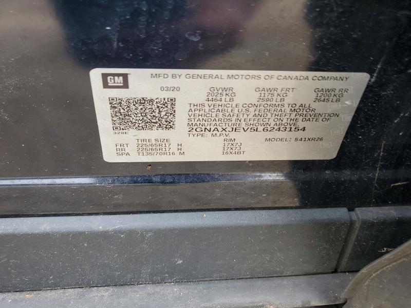 2020 Chevrolet Equinox მანქანა იყიდება აუქციონზე, vin: 2GNAXJEV5L6243154, აუქციონის ნომერი: 61106776