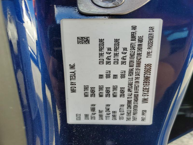 Продаж на аукціоні авто 2022 Tesla Model 3, vin: 5YJ3E1EB9NF206036, номер лоту: 59865106