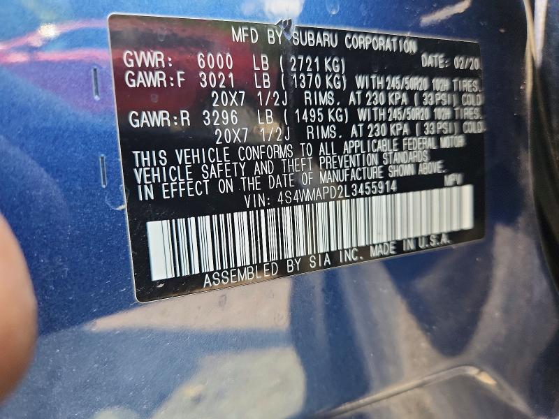 60449046 :رقم المزاد ، 4S4WMAPD2L3455914 vin ، 2020 Subaru Ascent مزاد بيع