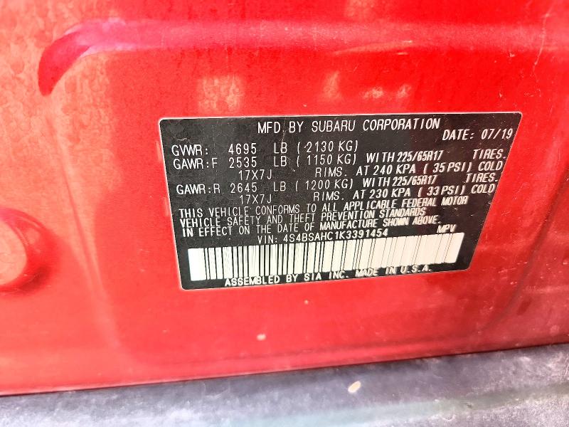 2019 Subaru Outback მანქანა იყიდება აუქციონზე, vin: 4S4BSAHC1K3391454, აუქციონის ნომერი: 61123186