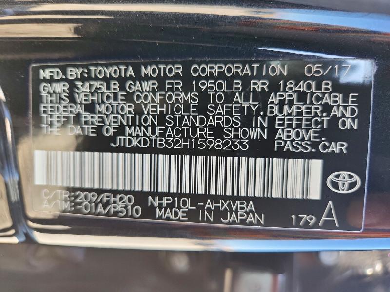 Auction sale of the 2017 Toyota Prius C, vin: JTDKDTB32H1598233, lot number: 63371036