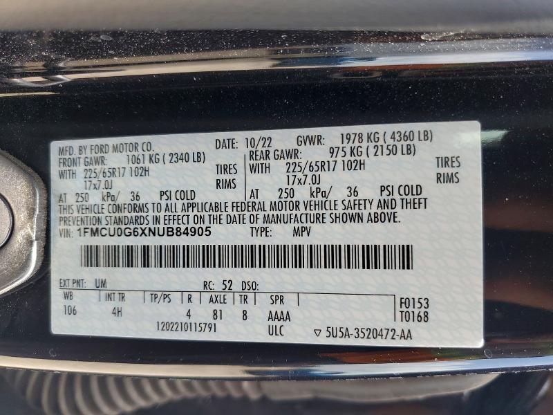 62495126 :رقم المزاد ، 1FMCU0G6XNUB84905 vin ، 2022 Ford Escape مزاد بيع