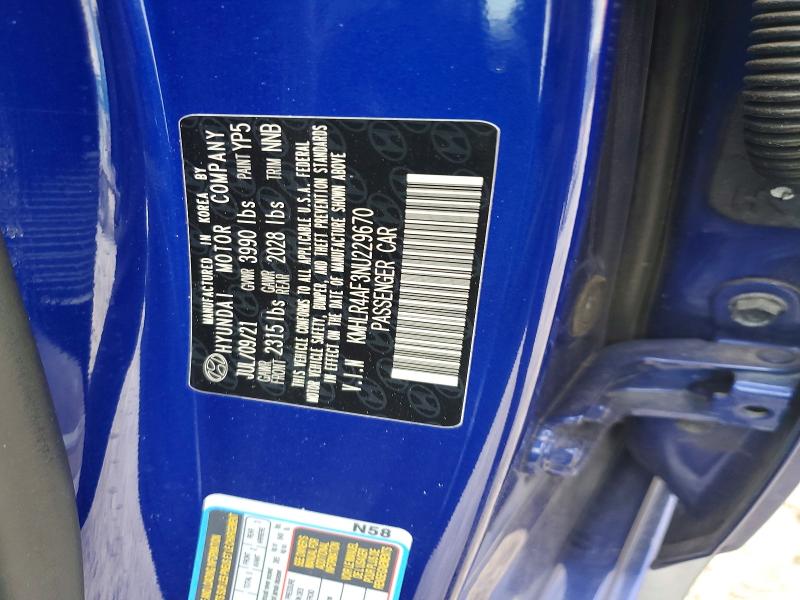60870266 :رقم المزاد ، KMHLR4AF3NU229670 vin ، 2022 Hyundai Elantra مزاد بيع