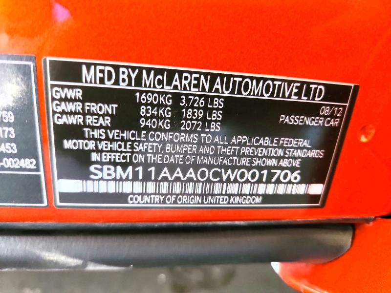 62593496 :رقم المزاد ، SBM11AAA0CW001706 vin ، 2012 Mclaren Automotive Mp4-12c مزاد بيع