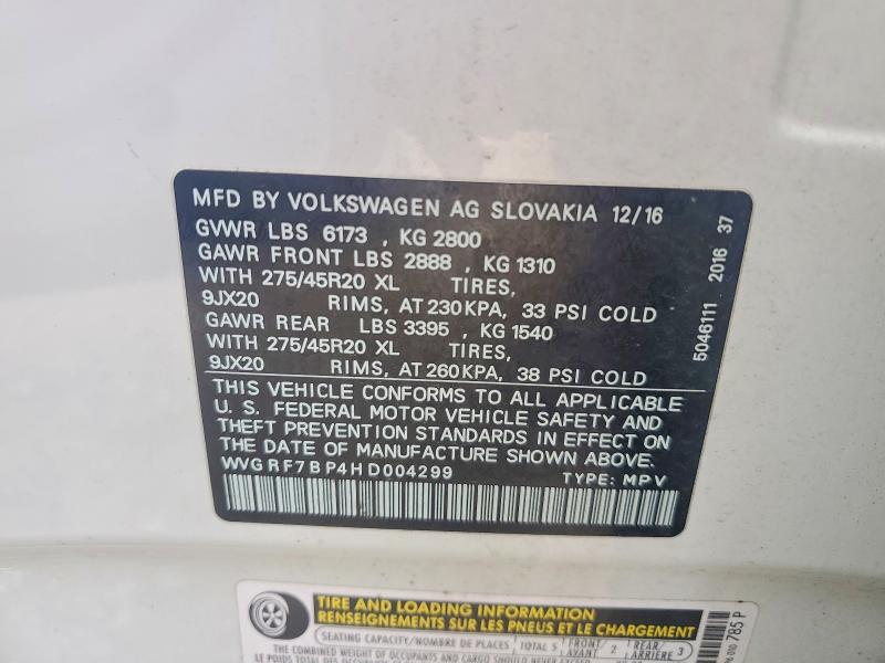 Aukcja sprzedaży 2017 Volkswagen Touareg, vin: WVGRF7BP4HD004299, numer aukcji: 62951586
