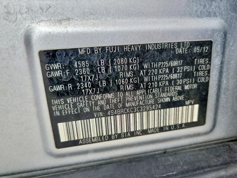 2012 Subaru Outback მანქანა იყიდება აუქციონზე, vin: 4S4BRCKC3C3295424, აუქციონის ნომერი: 60444036