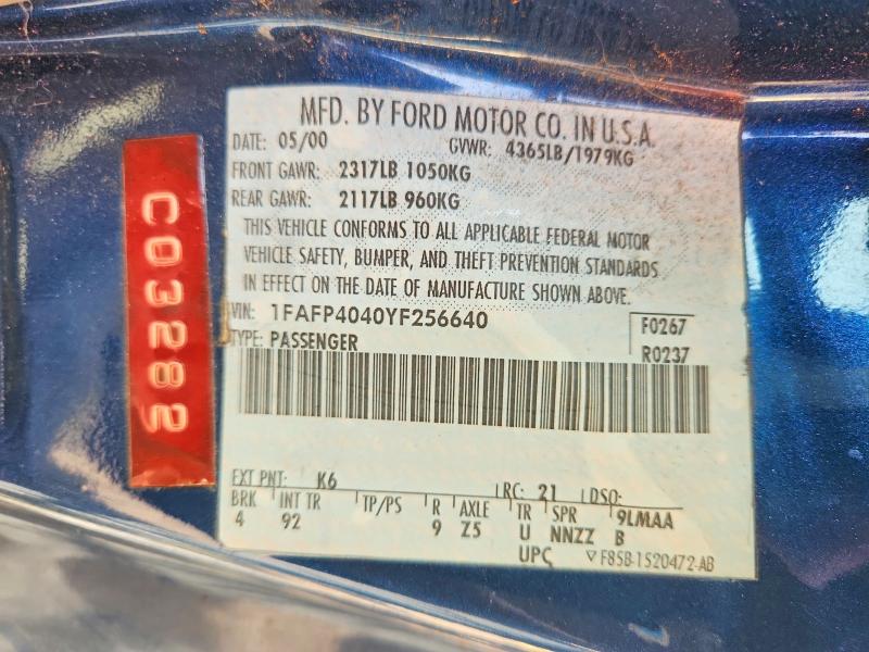 Продаж на аукціоні авто 2000 Ford Mustang, vin: 1FAFP4040YF256640, номер лоту: 61711796
