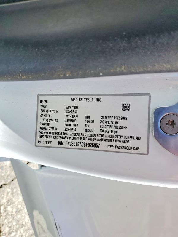 Продаж на аукціоні авто 2025 Tesla Model 3, vin: 5YJ3E1EA0SF026057, номер лоту: 63568006