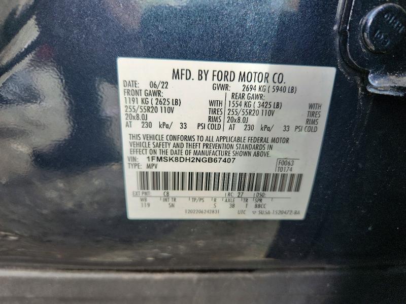 Продажа на аукционе авто 2022 Ford Explorer, vin: 1FMSK8DH2NGB67407, номер лота: 59584216