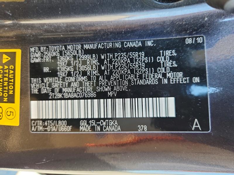 60003196 :رقم المزاد ، 2T2BK1BA8AC076986 vin ، 2010 Lexus Rx مزاد بيع