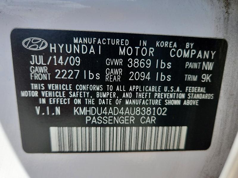 61908176 :رقم المزاد ، KMHDU4AD4AU838102 vin ، 2010 Hyundai Elantra مزاد بيع