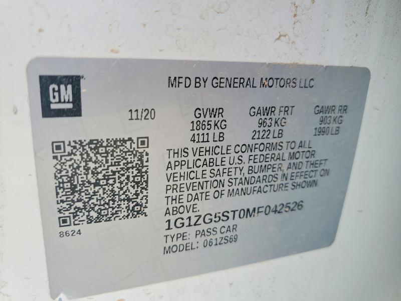 Продаж на аукціоні авто 2021 Chevrolet Malibu, vin: 1G1ZG5ST0MF042526, номер лоту: 60491526