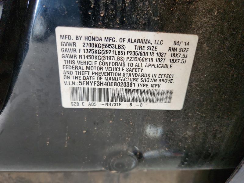 61977526 :رقم المزاد ، 5FNYF3H40EB020381 vin ، 2014 Honda Pilot مزاد بيع