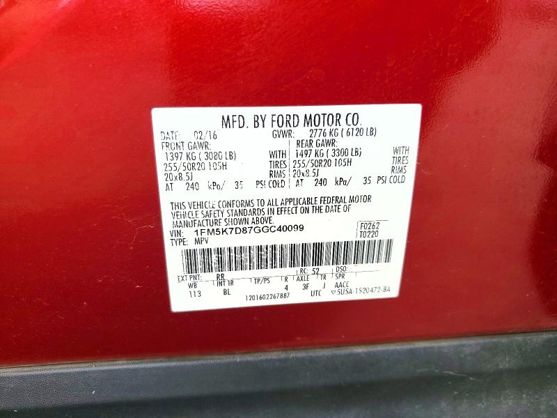 Aukcja sprzedaży 2016 Ford Explorer, vin: 1FM5K7D87GGC40099, numer aukcji: 60632156