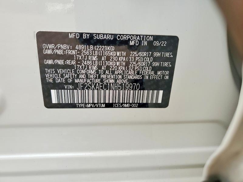 2022 Subaru Forester მანქანა იყიდება აუქციონზე, vin: JF2SKAEC1NH519970, აუქციონის ნომერი: 60916036