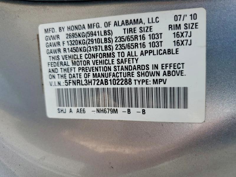 62329046 :رقم المزاد ، 5FNRL3H72AB102288 vin ، 2010 Honda Odyssey مزاد بيع