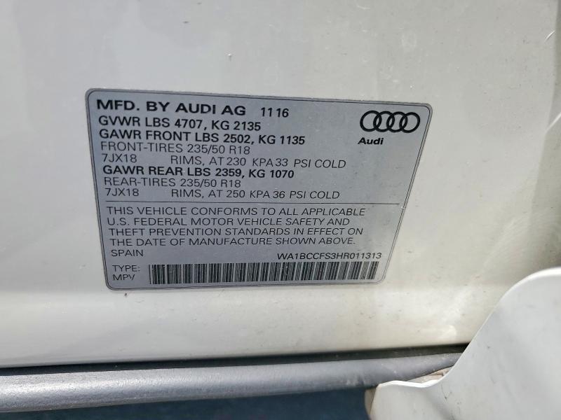 2017 Audi Q3 მანქანა იყიდება აუქციონზე, vin: WA1BCCFS3HR011313, აუქციონის ნომერი: 60837726