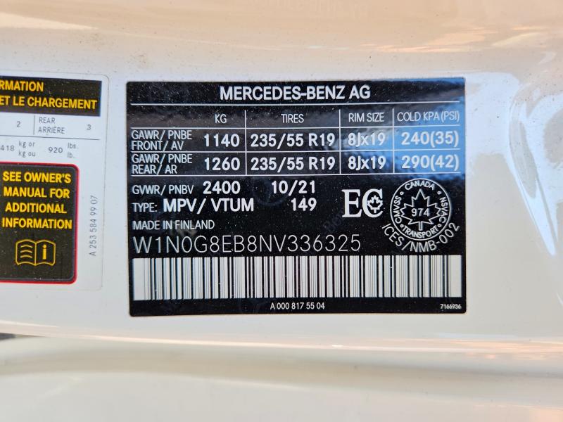 2022 Mercedes-benz Glc მანქანა იყიდება აუქციონზე, vin: W1N0G8EB8NV336325, აუქციონის ნომერი: 56336046