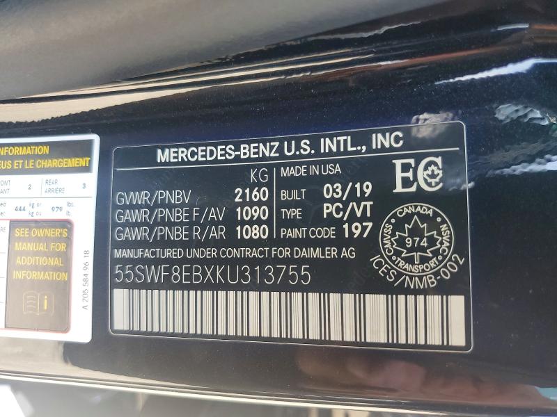 Aukcja sprzedaży 2019 Mercedes-benz C, vin: 55SWF8EBXKU313755, numer aukcji: 62417216