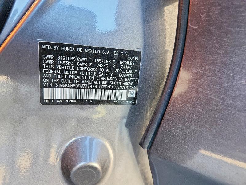 2015 Honda Fit მანქანა იყიდება აუქციონზე, vin: 3HGGK5H89FM777476, აუქციონის ნომერი: 62683886