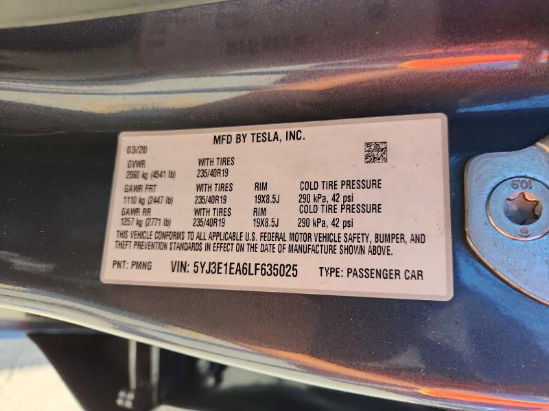 2020 Tesla Model 3 მანქანა იყიდება აუქციონზე, vin: 5YJ3E1EA6LF635025, აუქციონის ნომერი: 63306766