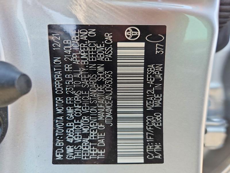 63050796 :رقم المزاد ، JTDM4MCE4NJ093093 vin ، 2022 Toyota Corolla مزاد بيع