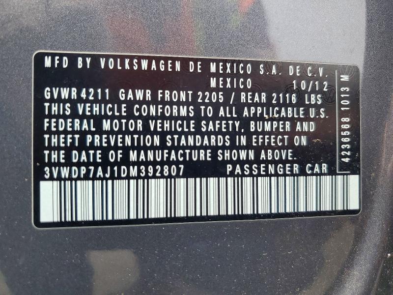 60766516 :رقم المزاد ، 3VWDP7AJ1DM392807 vin ، 2013 Volkswagen Jetta مزاد بيع