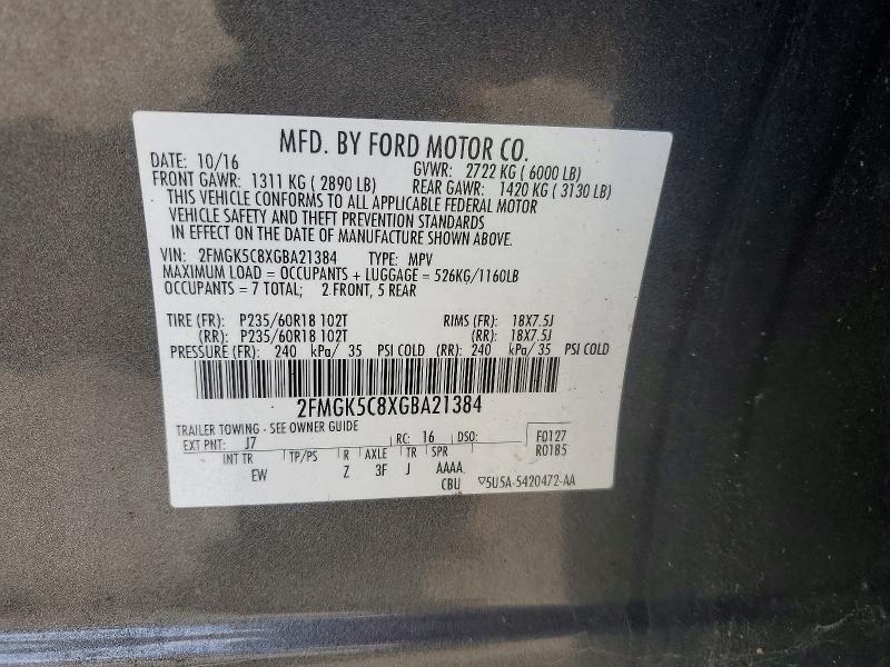 58828676 :رقم المزاد ، 2FMGK5C8XGBA21384 vin ، 2016 Ford Flex مزاد بيع