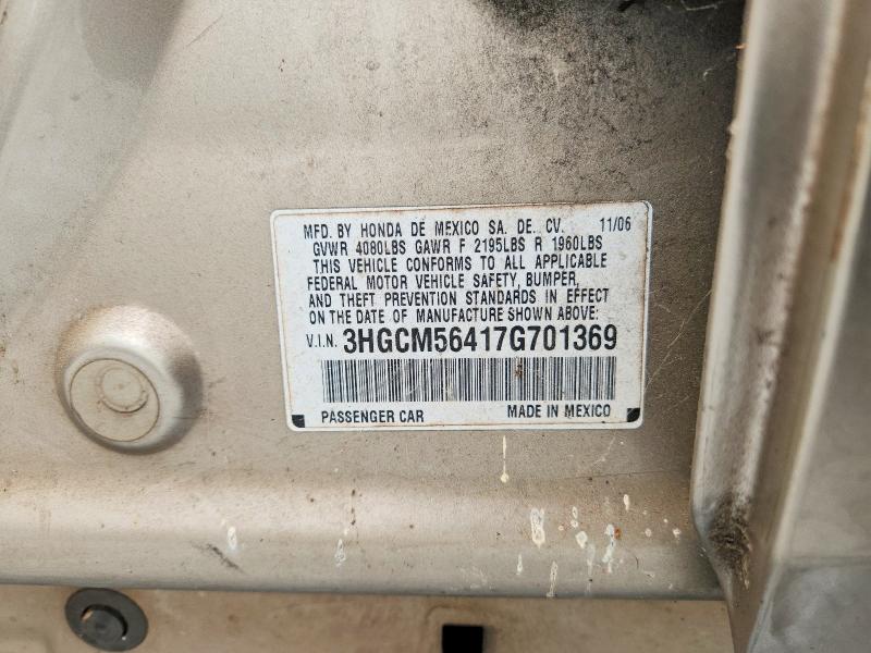 2007 Honda Accord მანქანა იყიდება აუქციონზე, vin: 3HGCM56417G701369, აუქციონის ნომერი: 62198046