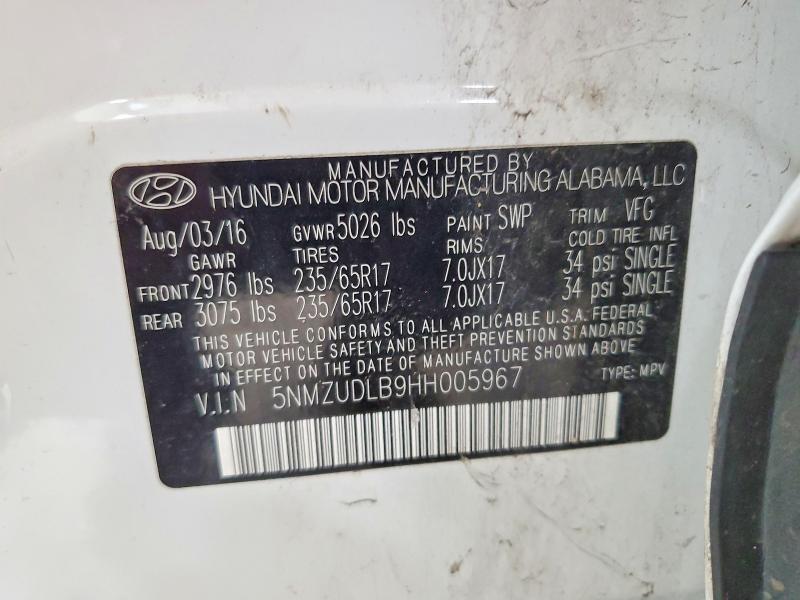 2017 Hyundai Santa Fe Sport მანქანა იყიდება აუქციონზე, vin: 5NMZUDLB9HH005967, აუქციონის ნომერი: 62156916