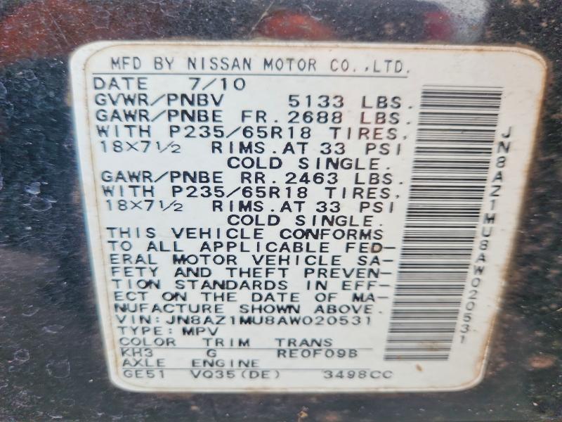 2010 Nissan Murano მანქანა იყიდება აუქციონზე, vin: JN8AZ1MU8AW020531, აუქციონის ნომერი: 57116756