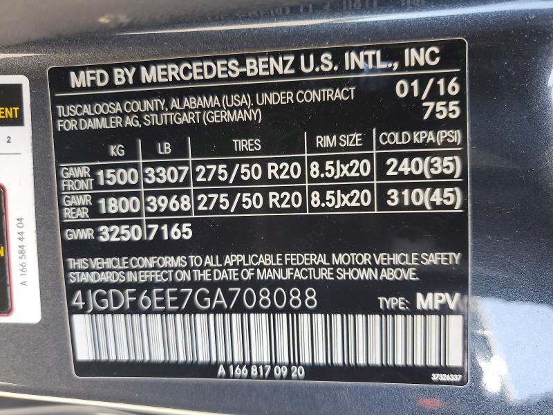 59383916 :رقم المزاد ، 4JGDF6EE7GA708088 vin ، 2016 Mercedes-benz Gl مزاد بيع