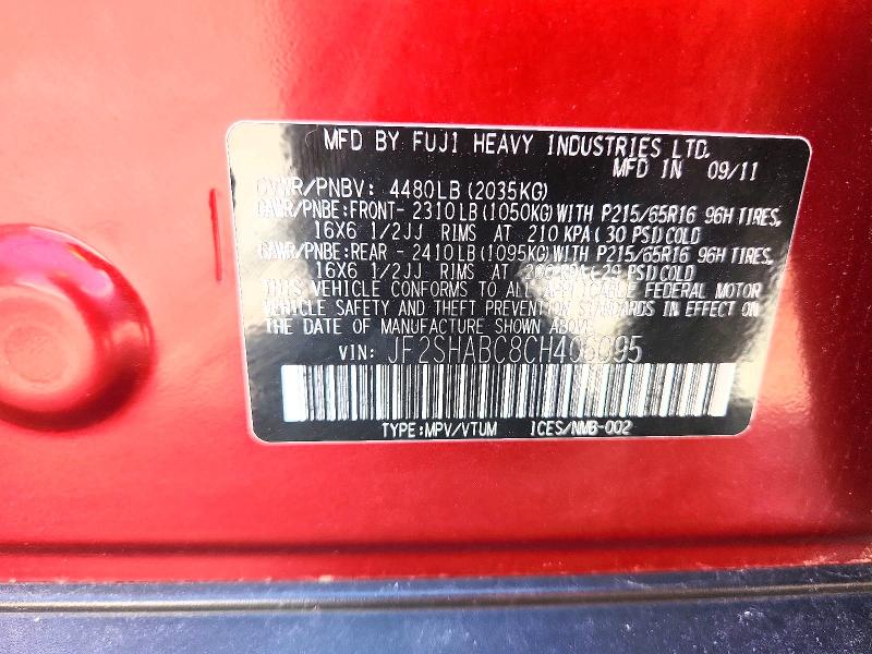 Продажа на аукционе авто 2012 Subaru Forester, vin: JF2SHABC8CH406095, номер лота: 59699946