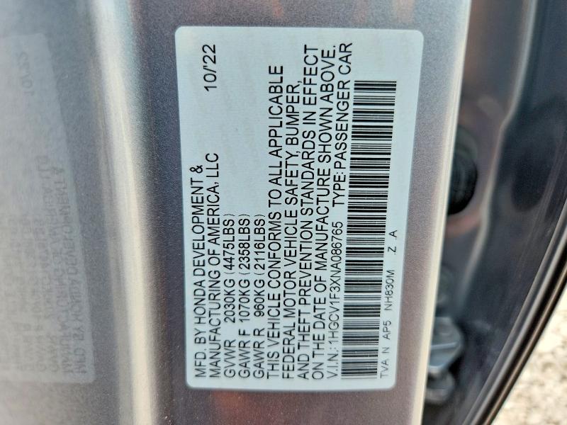 Aukcja sprzedaży 2022 Honda Accord, vin: 1HGCV1F3XNA086765, numer aukcji: 58806476