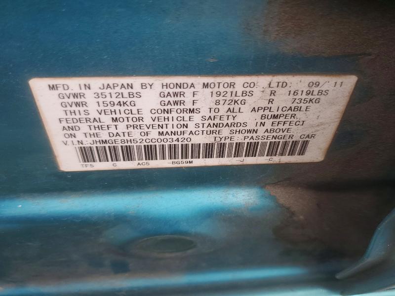 2012 Honda Fit მანქანა იყიდება აუქციონზე, vin: JHMGE8H52CC003420, აუქციონის ნომერი: 62505326
