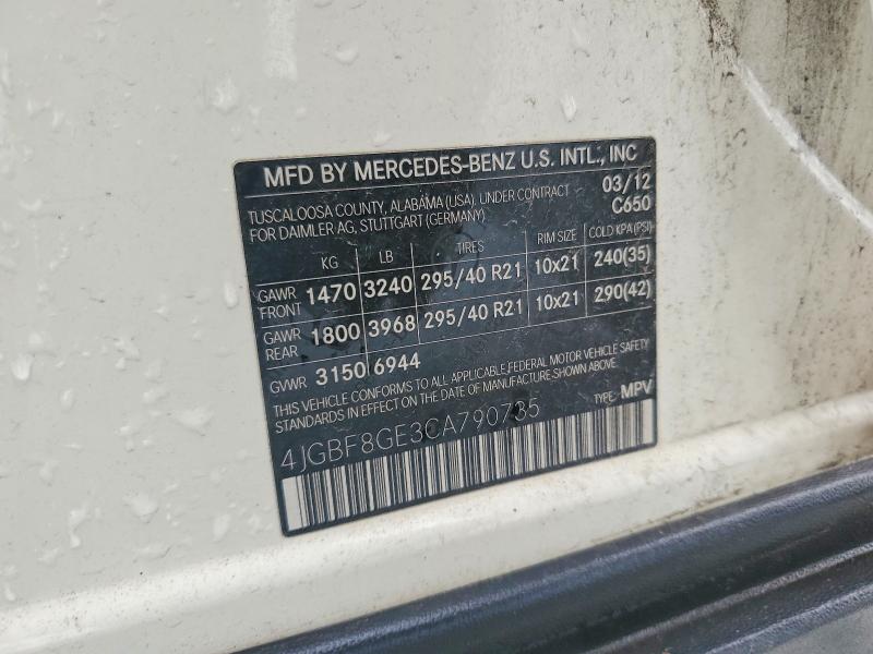 60246566 :رقم المزاد ، 4JGBF8GE3CA790735 vin ، 2012 Mercedes-benz Gl مزاد بيع