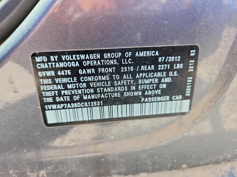 61413286 :رقم المزاد ، 1VWAP7A38DC012531 vin ، 2013 Volkswagen Passat مزاد بيع