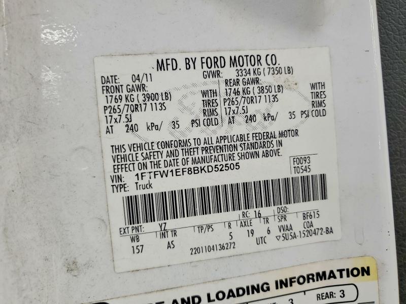 2011 Ford F150 მანქანა იყიდება აუქციონზე, vin: 1FTFW1EF8BKD52505, აუქციონის ნომერი: 60248896