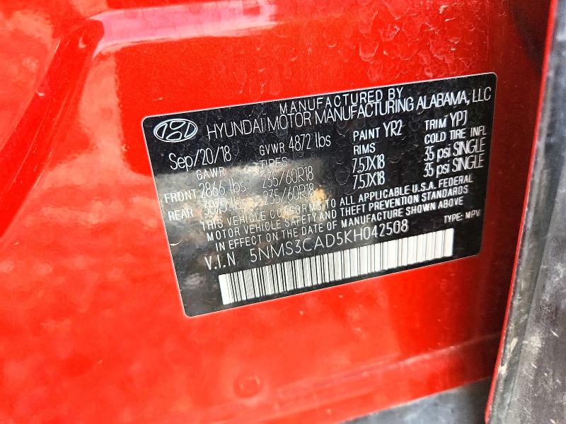 2019 Hyundai Santa Fe მანქანა იყიდება აუქციონზე, vin: 5NMS3CAD5KH042508, აუქციონის ნომერი: 60516836