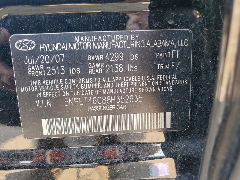 2008 Hyundai Sonata მანქანა იყიდება აუქციონზე, vin: 5NPET46C88H352635, აუქციონის ნომერი: 60529236