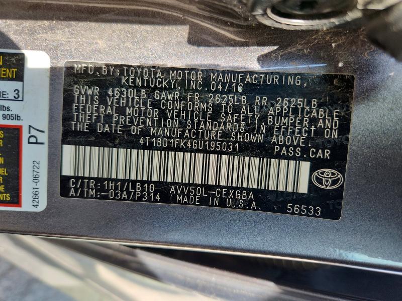 Продаж на аукціоні авто 2016 Toyota Camry Hybrid, vin: 4T1BD1FK4GU195031, номер лоту: 59639476