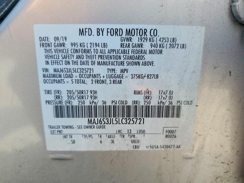 59063276 :رقم المزاد ، MAJ6S3JL5LC325721 vin ، 2020 Ford Ecosport مزاد بيع