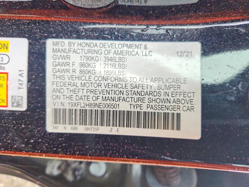 59873696 :رقم المزاد ، 19XFL2H89NE006501 vin ، 2022 Honda Civic مزاد بيع