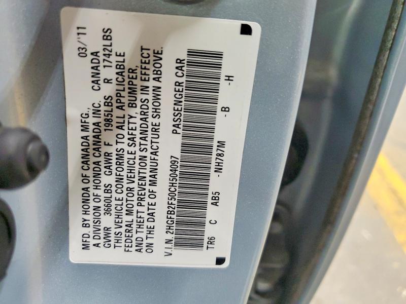 85460865 :رقم المزاد ، 2HGFB2F50CH504097 vin ، 2012 Honda Civic مزاد بيع