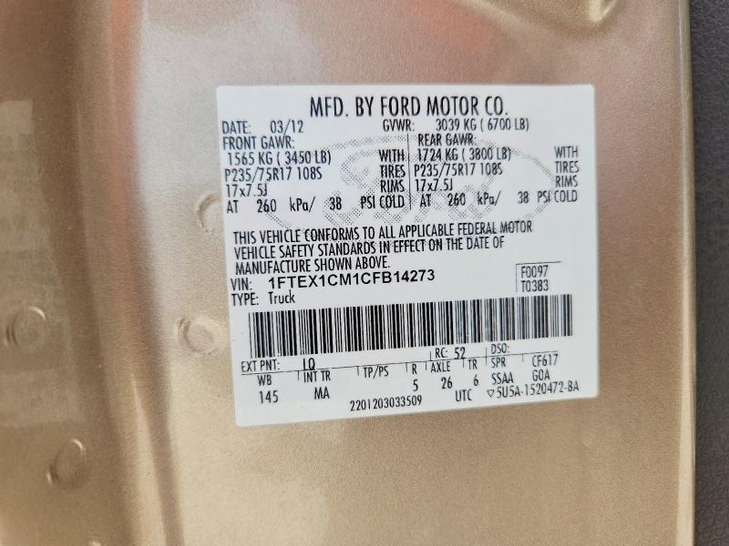 59826686 :رقم المزاد ، 1FTEX1CM1CFB14273 vin ، 2012 Ford F150 مزاد بيع