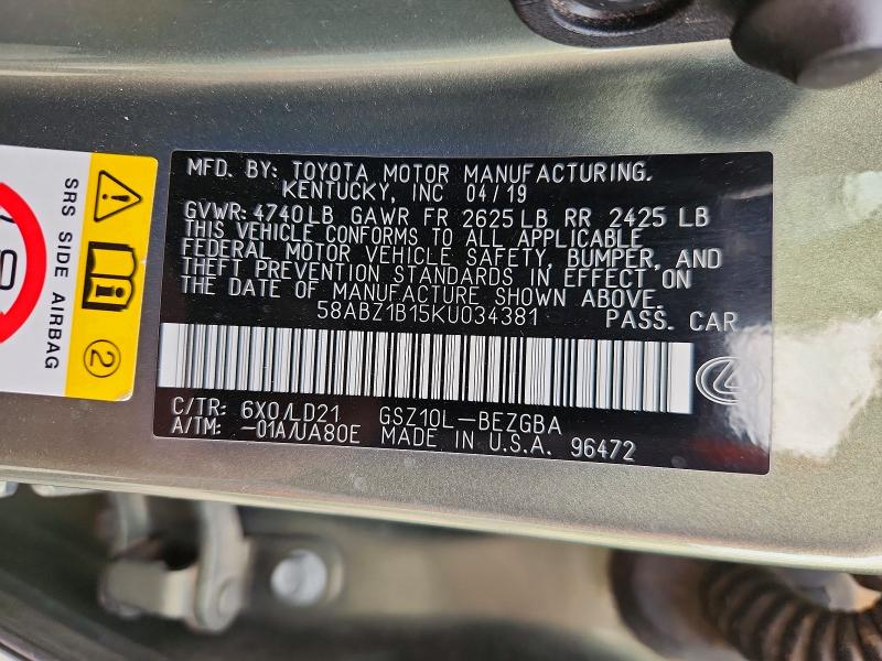 59342636 :رقم المزاد ، 58ABZ1B15KU034381 vin ، 2019 Lexus Es مزاد بيع