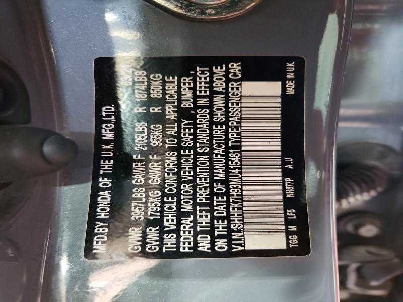 Продажа на аукционе авто 2021 Honda Civic, vin: SHHFK7H93MU415481, номер лота: 59066876