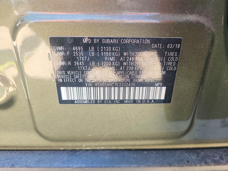 Aukcja sprzedaży 2019 Subaru Outback, vin: 4S4BSAHC1K3332436, numer aukcji: 59709456
