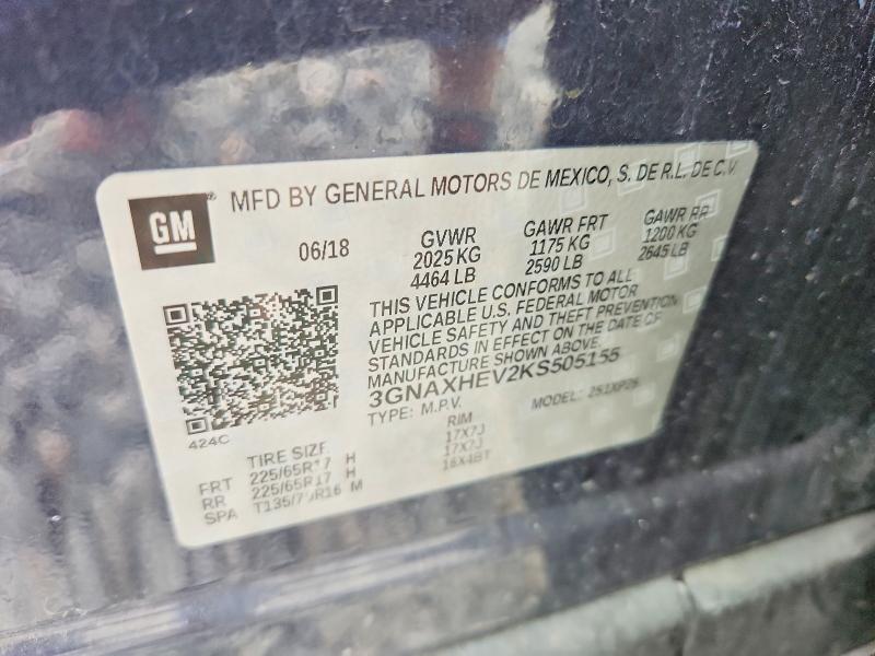 60511946 :رقم المزاد ، 3GNAXHEV2KS505155 vin ، 2019 Chevrolet Equinox مزاد بيع
